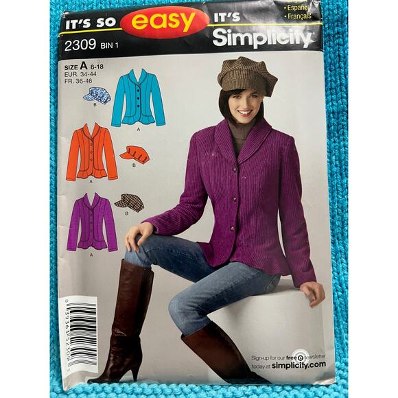 Simplicity 2309 pattern suit blazer fleece hat size 8-10 - Picture 1 of 6